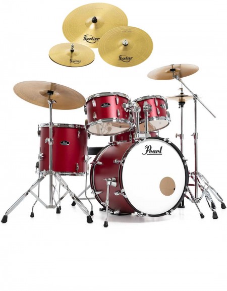 Pearl Road Show RS505BC/C747, 5-Piece Drum Set with Hardware and Sabian Solar 3 - Cymbals Set, Matte Red